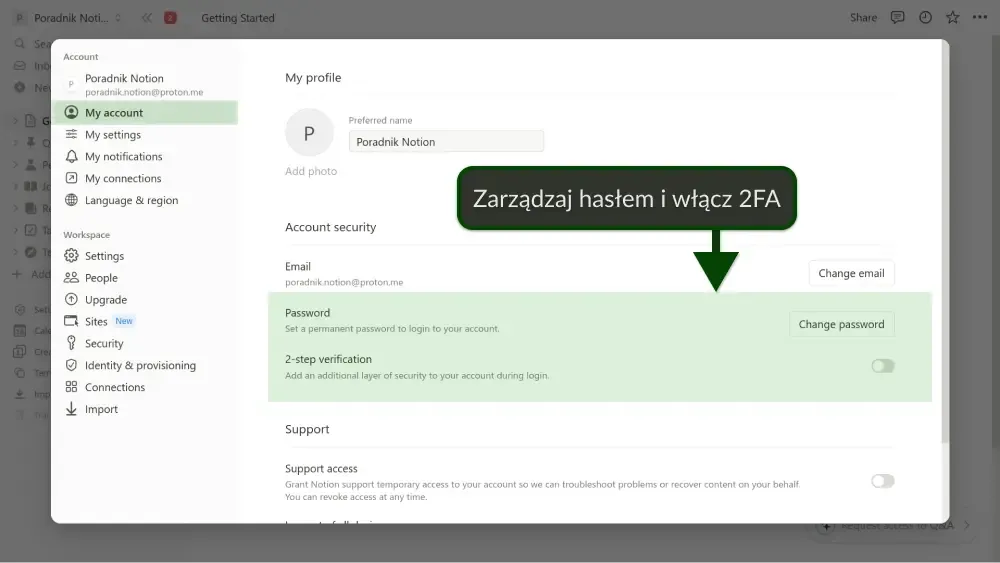 Ustawienia bezpieczeństwa konta, zarządzanie hasłem i włączenie weryfikacji dwuetapowej.