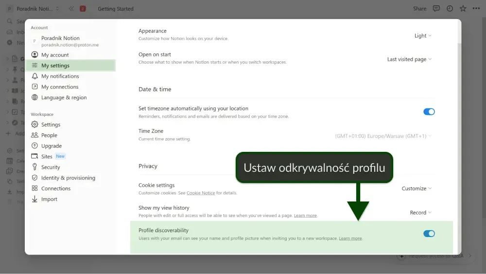 Ustawienia profilu w Notion: odkrywalność profilu.