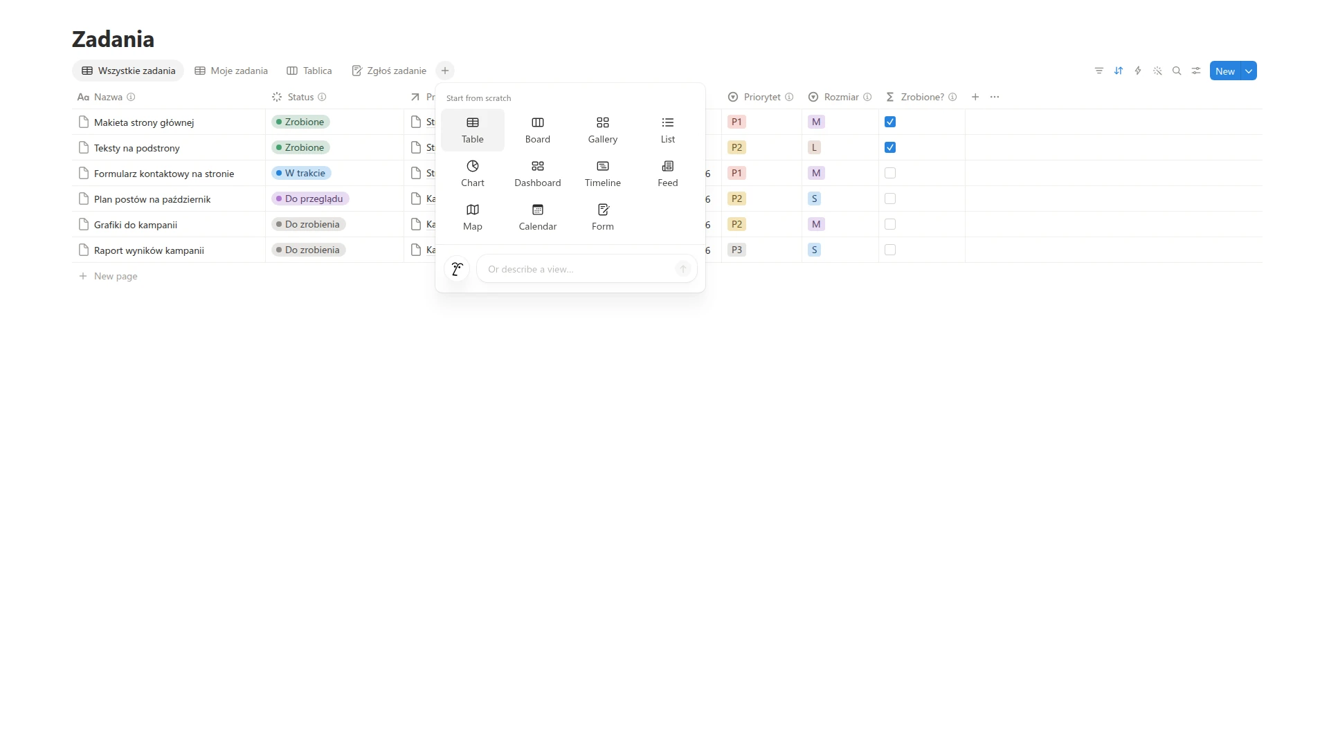 Menu nowego widoku w Notion z kafelkami Table, Board, Gallery, List, Chart, Dashboard, Timeline, Feed, Map, Calendar i Form oraz polem Or describe a view na dole