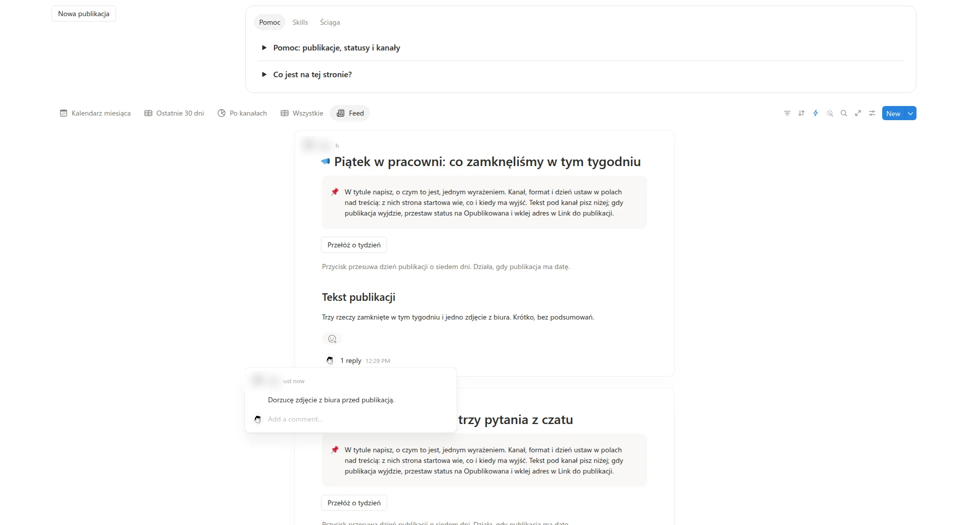 Widok Feed na bazie publikacji z Kalendarza treści, wpisy jeden pod drugim z treścią, a pod pierwszym wpisem otwarty komentarz Dorzucę zdjęcie z biura przed publikacją