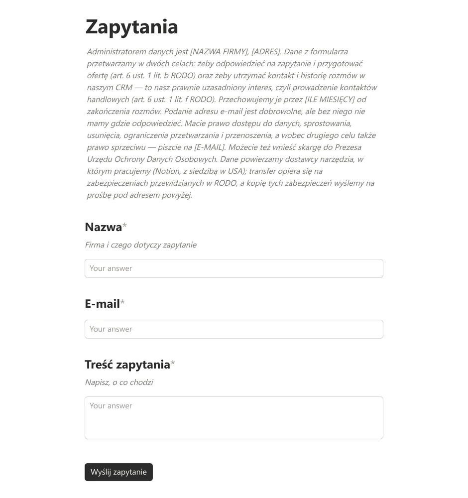 Formularz Zapytania w szablonie CRM, klauzula RODO do uzupełnienia pod tytułem, pytania Nazwa, E-mail i Treść zapytania z podpowiedziami dla klienta i przycisk Wyślij zapytanie