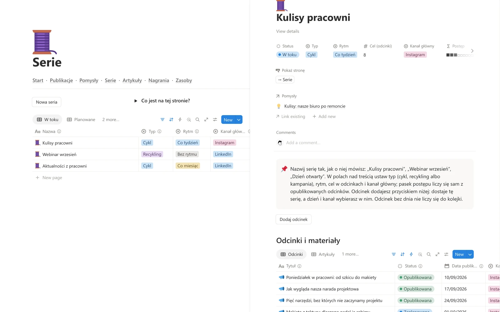 Seria „Kulisy pracowni”: postęp, przycisk „Dodaj odcinek” i lista odcinków