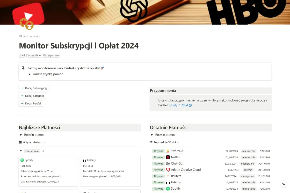 Panel monitorowania subskrypcji i opłat z kalendarzem płatności oraz przypomnieniami.