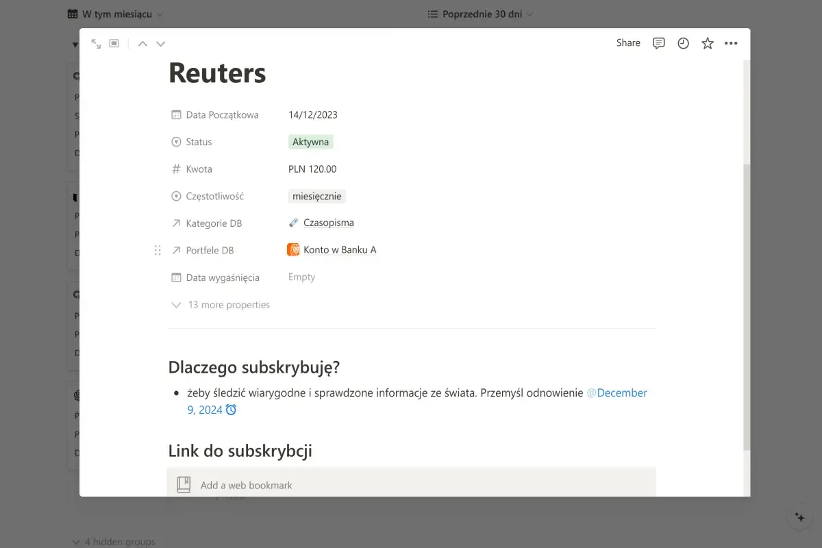 Subskrypcja Reuters za 120 PLN miesięcznie z datą rozpoczęcia 14 grudnia 2023.