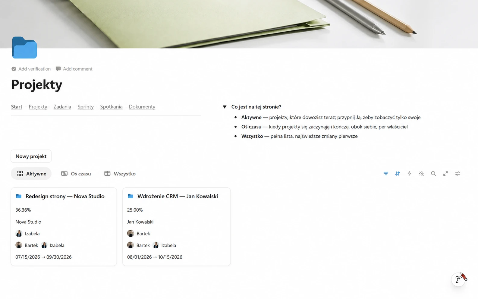 Galeria projektów w Notion, każda karta z procentem ukończenia, klientem, osobami i zakresem dat.