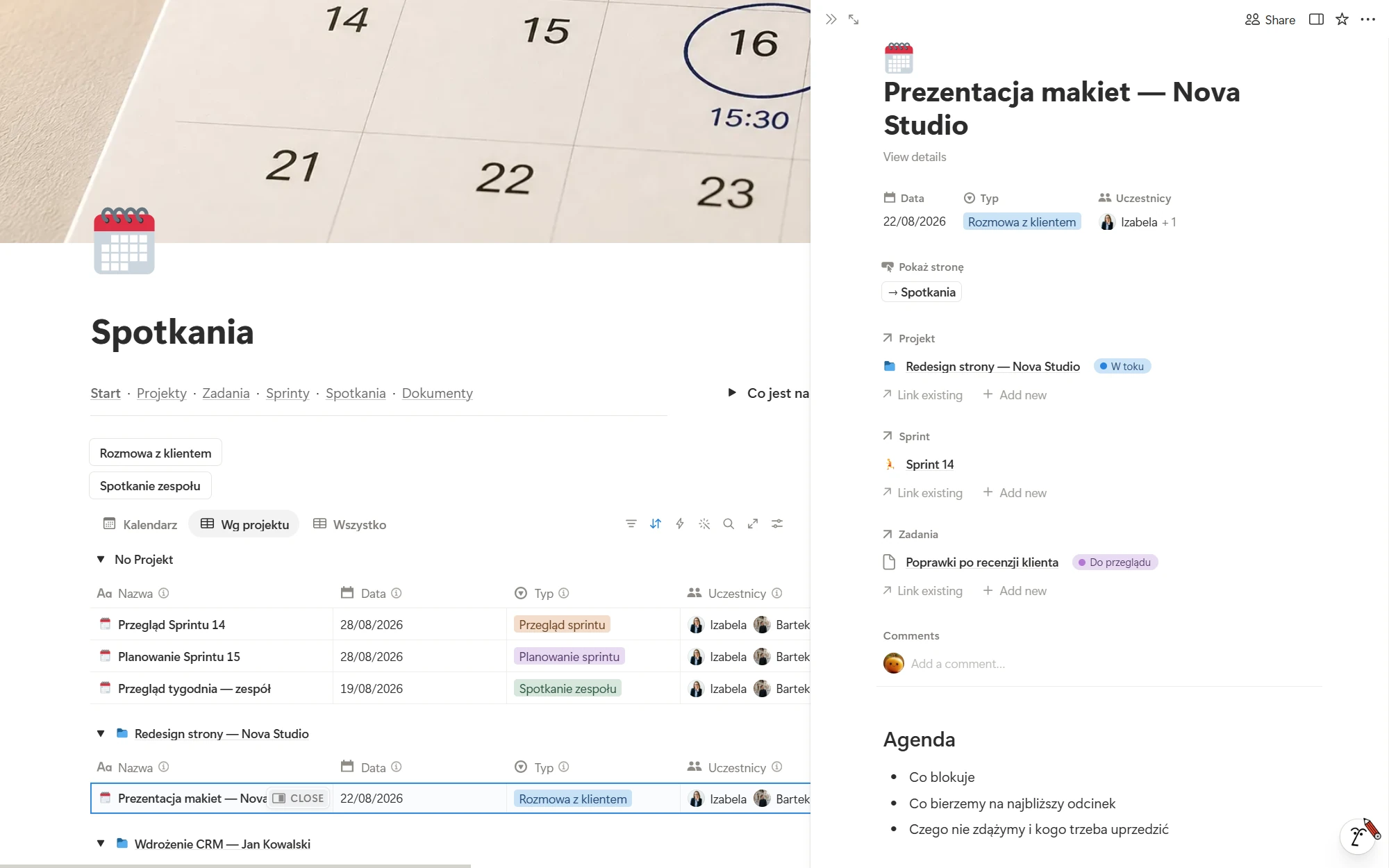 Widok spotkań w Notion z otwartą kartą: data, typ, uczestnicy oraz powiązany projekt, sprint i zadanie.