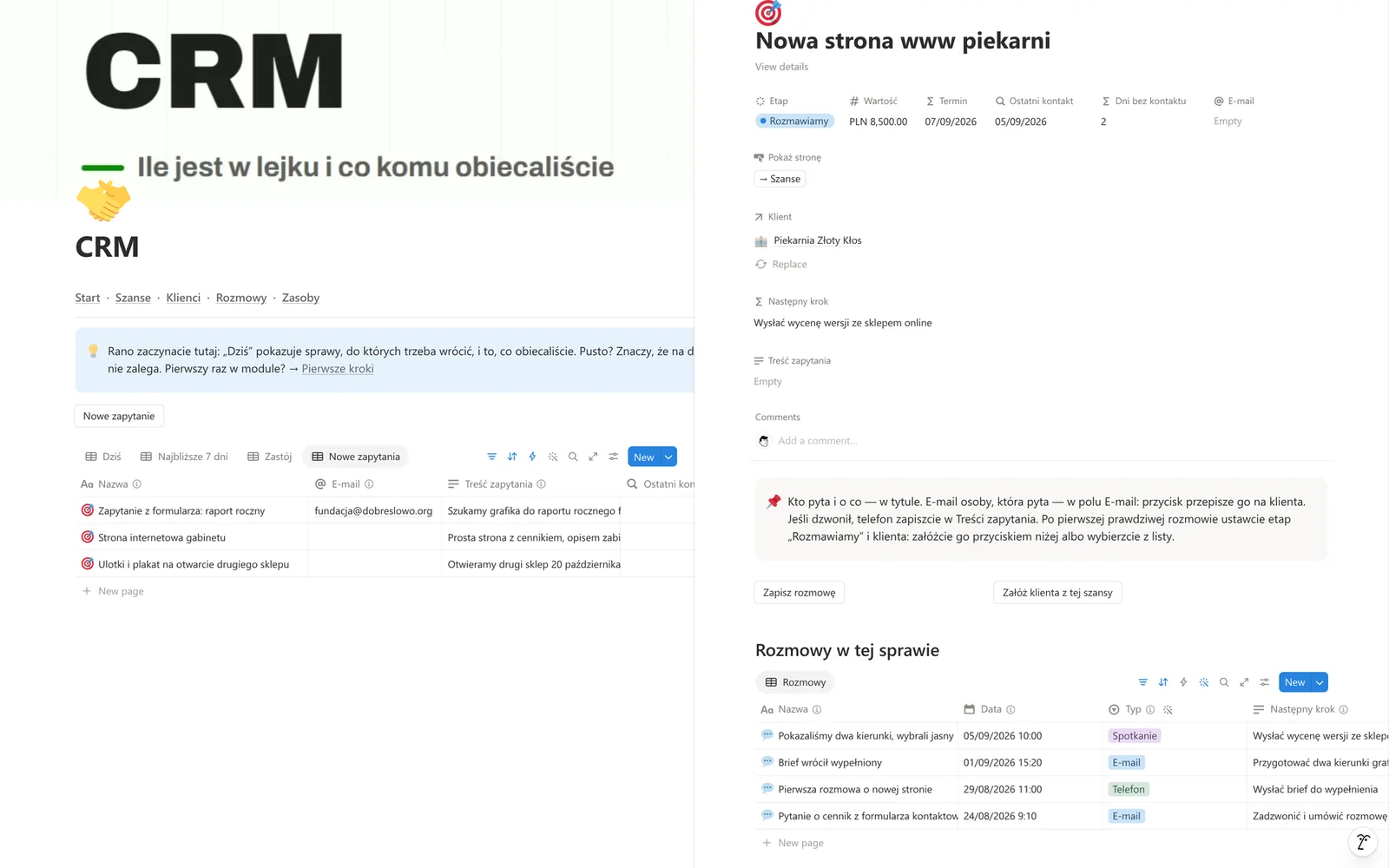 Otwarta sprawa obok listy: obietnica, następny krok i historia rozmów