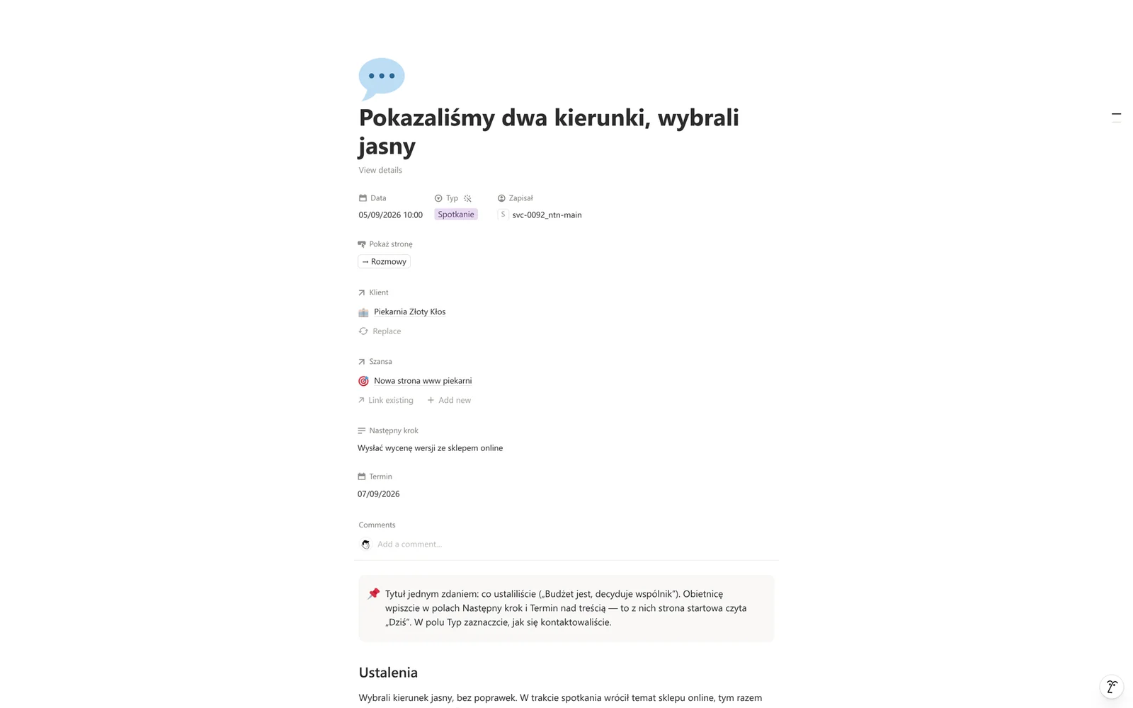 Zapisana rozmowa: ustalenia, następny krok i termin w trzech polach