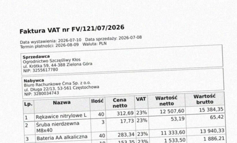 Fragment skanu faktury z testu: krzywo, rozmyty, z szumem, jak zdjęcie zrobione telefonem