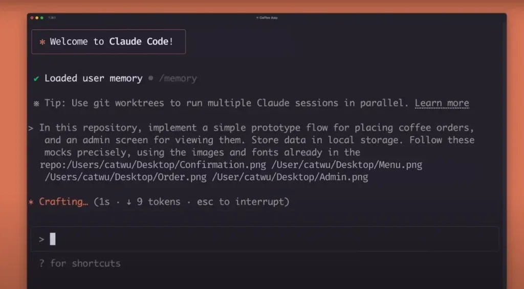Kod źródłowy platformy Claude Code z instrukcjami dotyczącymi implementacji funkcji zamawiania kawy.
