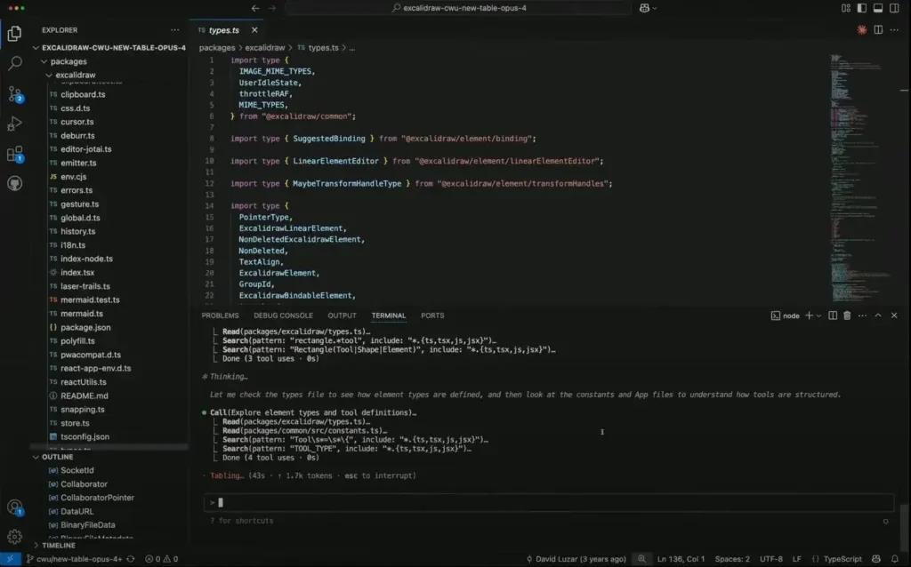 Kod źródłowy programu w TypeScript, z licznymi liniami kodu i folderami po lewej stronie.