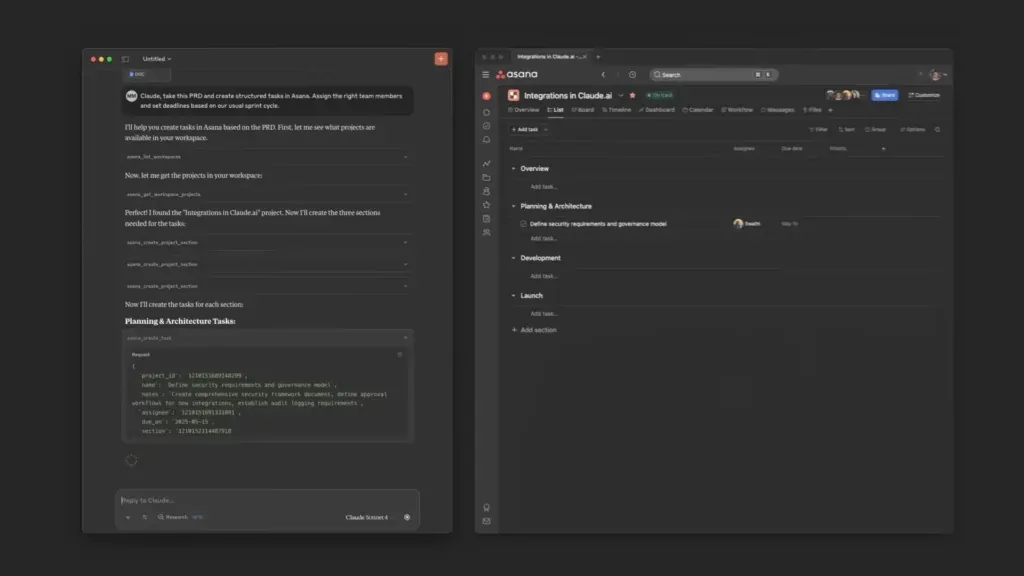 Claude.ai automatycznie tworzy zadania w Asana na podstawie podanego PRD i przypisuje je do odpowiednich członków…