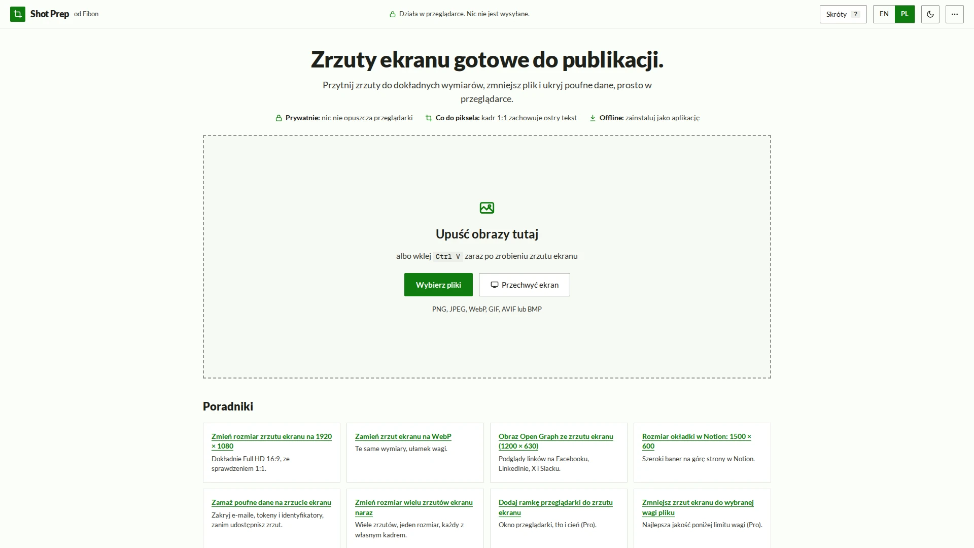 Shot Prep po polsku: nagłówek, trzy wyróżniki i duża strefa upuszczania z przyciskami wyboru plików i przechwytywania ekranu