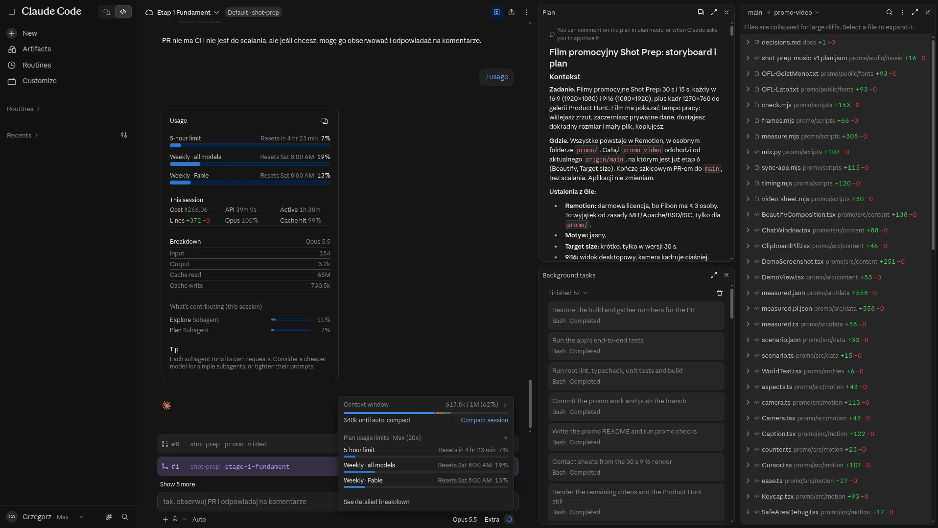 Licznik usage w sesji Claude Code w chmurze podczas pracy nad filmem: koszt sesji 266,06 USD liczony po cenach API, 1 h 38 min aktywnej pracy, 100 % Opus 5.5, obok plan filmu i lista zadań w tle