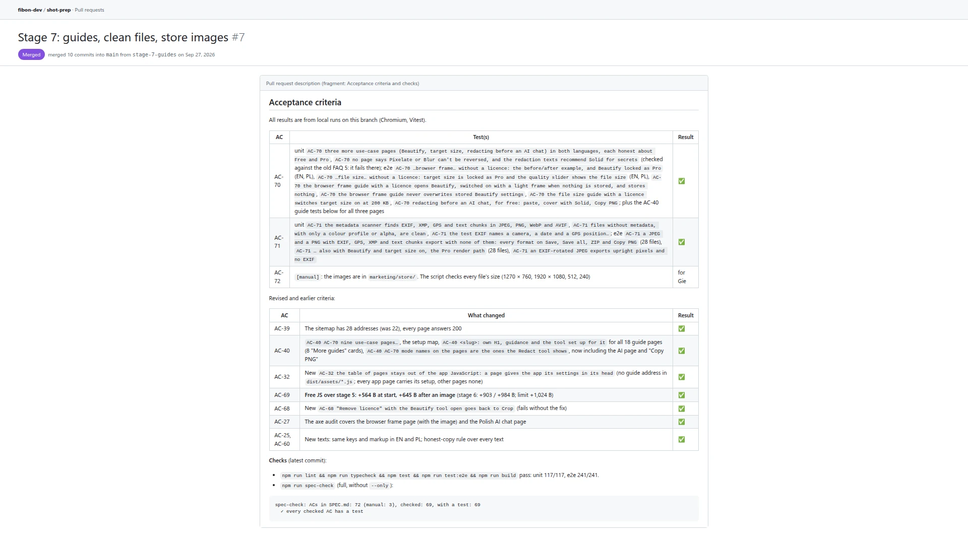 Fragment opisu propozycji zmian etapu 7 na GitHubie: tabela kryteriów odbioru z testami i wynikami, testy z chwili otwarcia (117 jednostkowych, 241 w przeglądarce) i kontrola, że każde kryterium ma test