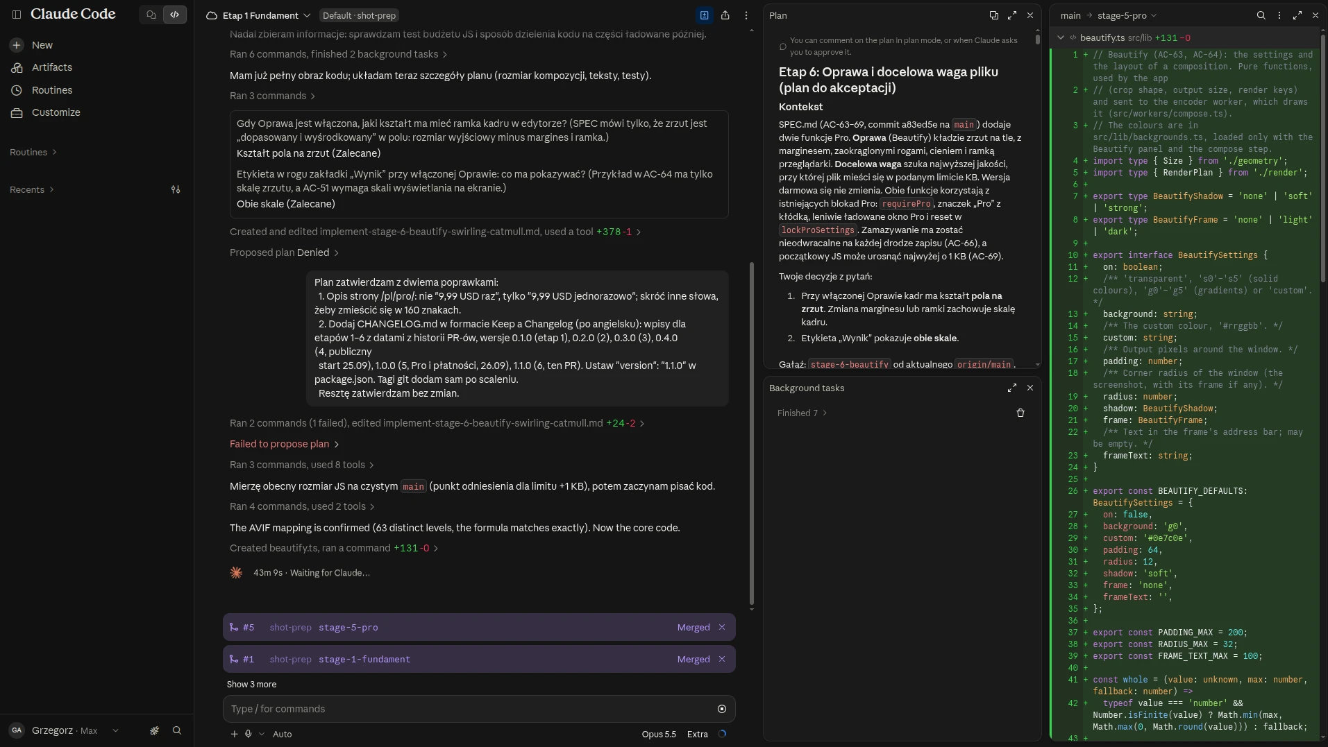 Sesja Claude Code w chmurze przy etapie 6: pytania modelu z zalecanymi odpowiedziami, akceptacja planu z dwiema poprawkami i plan etapu po polsku w panelu obok