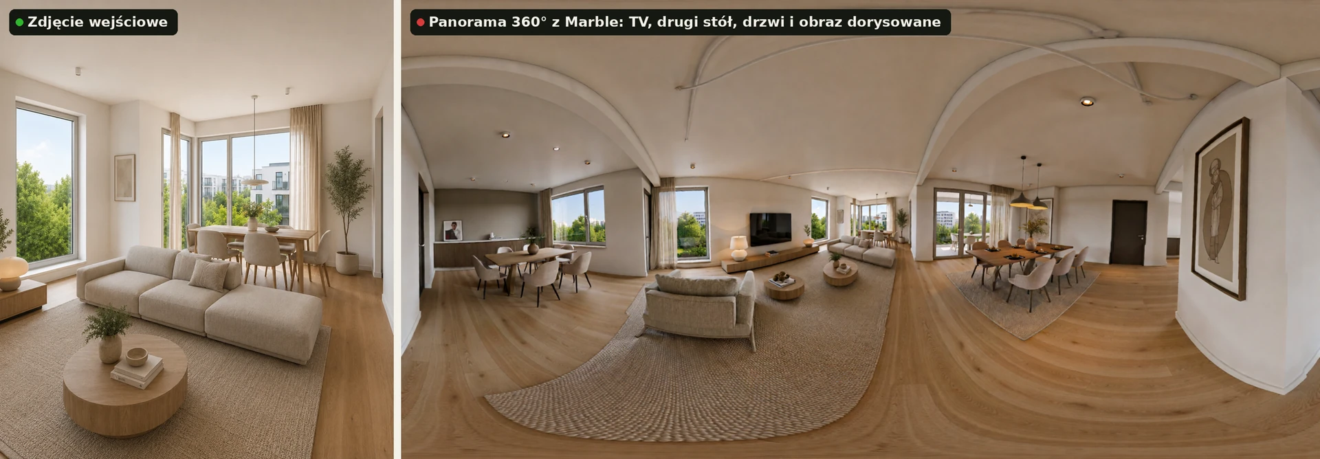 Po lewej zdjęcie wejściowe salonu, po prawej panorama 360° z Marble, w której telewizor, drugi stół, drzwi i obraz są dorysowane