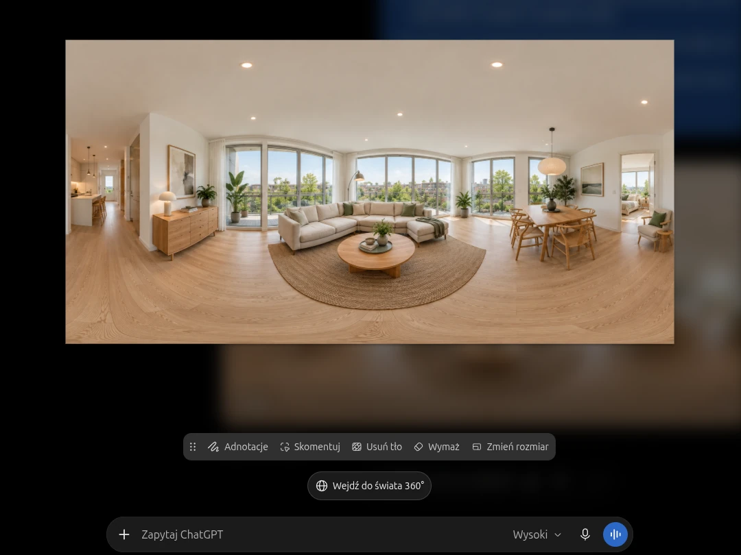 ChatGPT pokazuje wygenerowaną panoramę z przyciskiem „Wejdź do świata 360°”