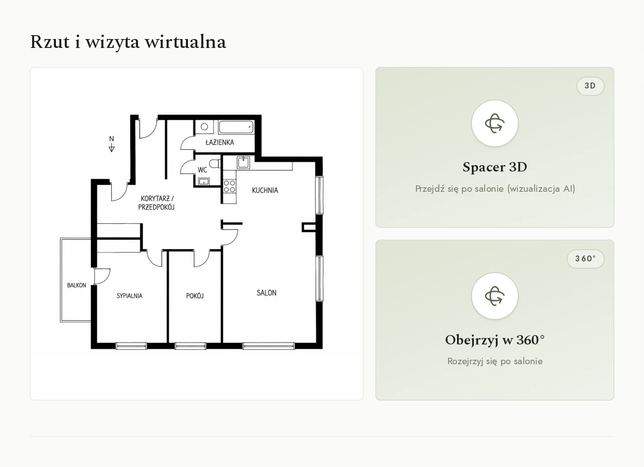 Oferta C15 na Brzasku: obok rzutu karty „Spacer 3D” i „Obejrzyj w 360°”