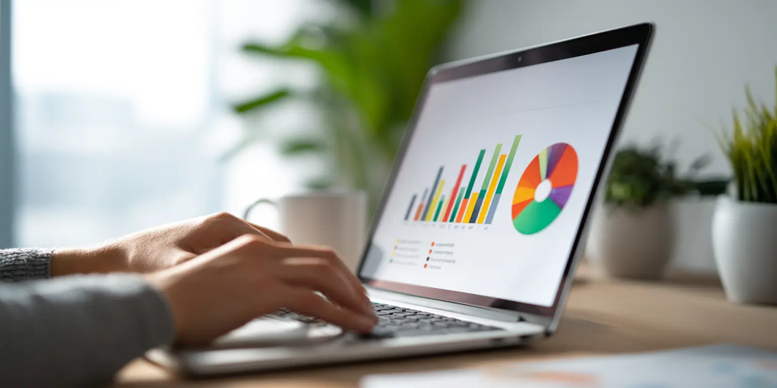 Osoba pracująca przy laptopie z kolorowymi wykresami na ekranie, w jasnym biurze z roślinami