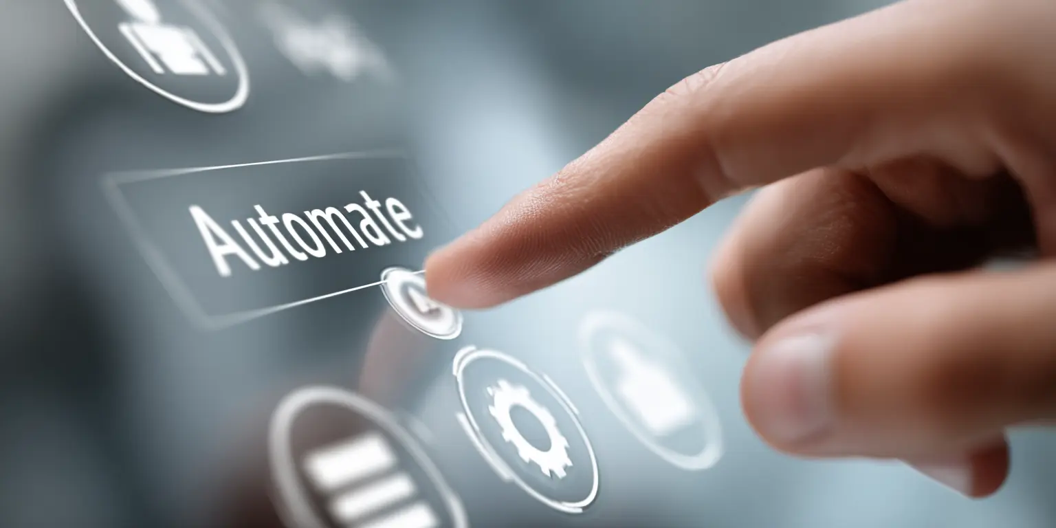 Alt: Zbliżenie na palec naciskający przycisk „Automate” na ekranie dotykowym z ikonami