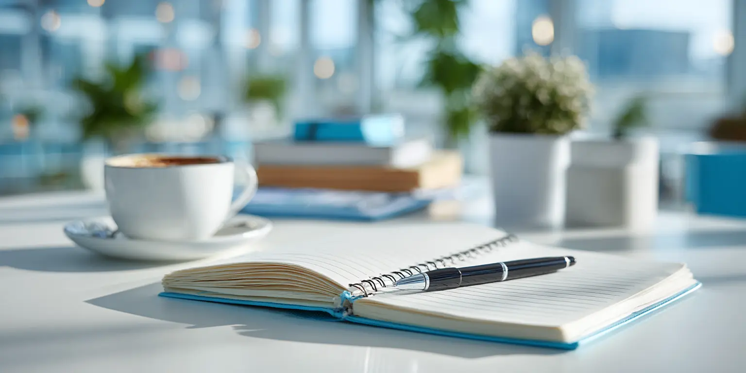 Otwarty notes z długopisem i filiżanką kawy na jasnym biurku, w tle rozmyte książki i rośliny